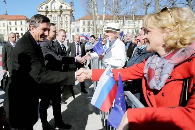 Predsednik Republike Slovenije Borut Pahor in predsednik Republike Poljske Andrzej Duda na Kongresnem trgu v Ljubljani